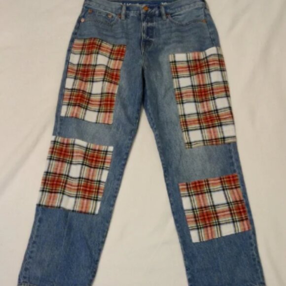 J. Crew Blue and Red Straight Leg Jeans with Plaid Accents - Picture 1 of 7
